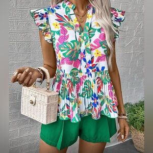 NEW Shein Multi Floral Frill V Neck Pleated Bottom Top & Green Shorts Set